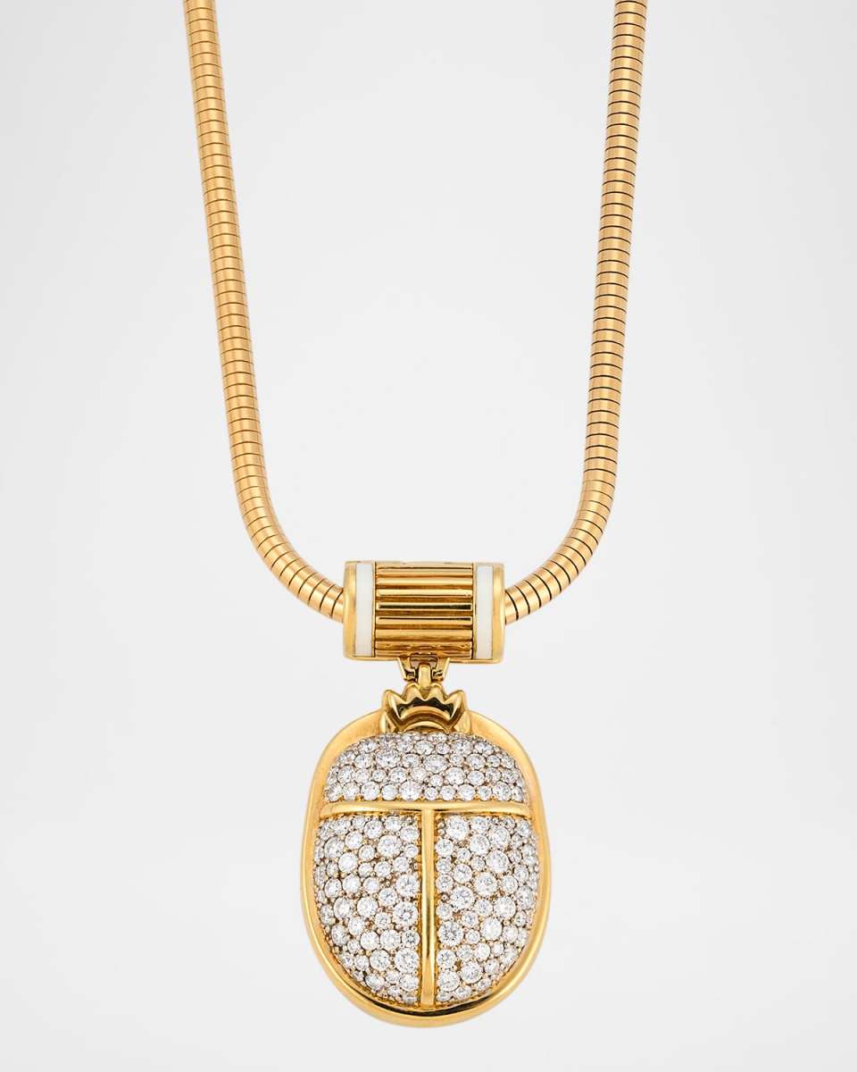 18K Yellow Gold Scarab Pendant Necklace with Diamonds and Enamel